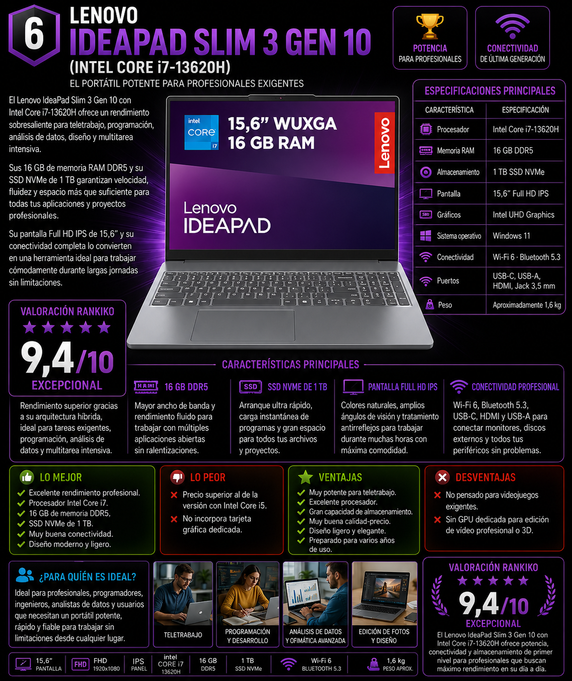 Lenovo IdeaPad Slim 3 Gen 10 con Intel Core i7-13620H, 16 GB DDR5 y SSD NVMe de 1 TB, uno de los mejores portátiles para teletrabajo y productividad según el análisis de Rankiko.