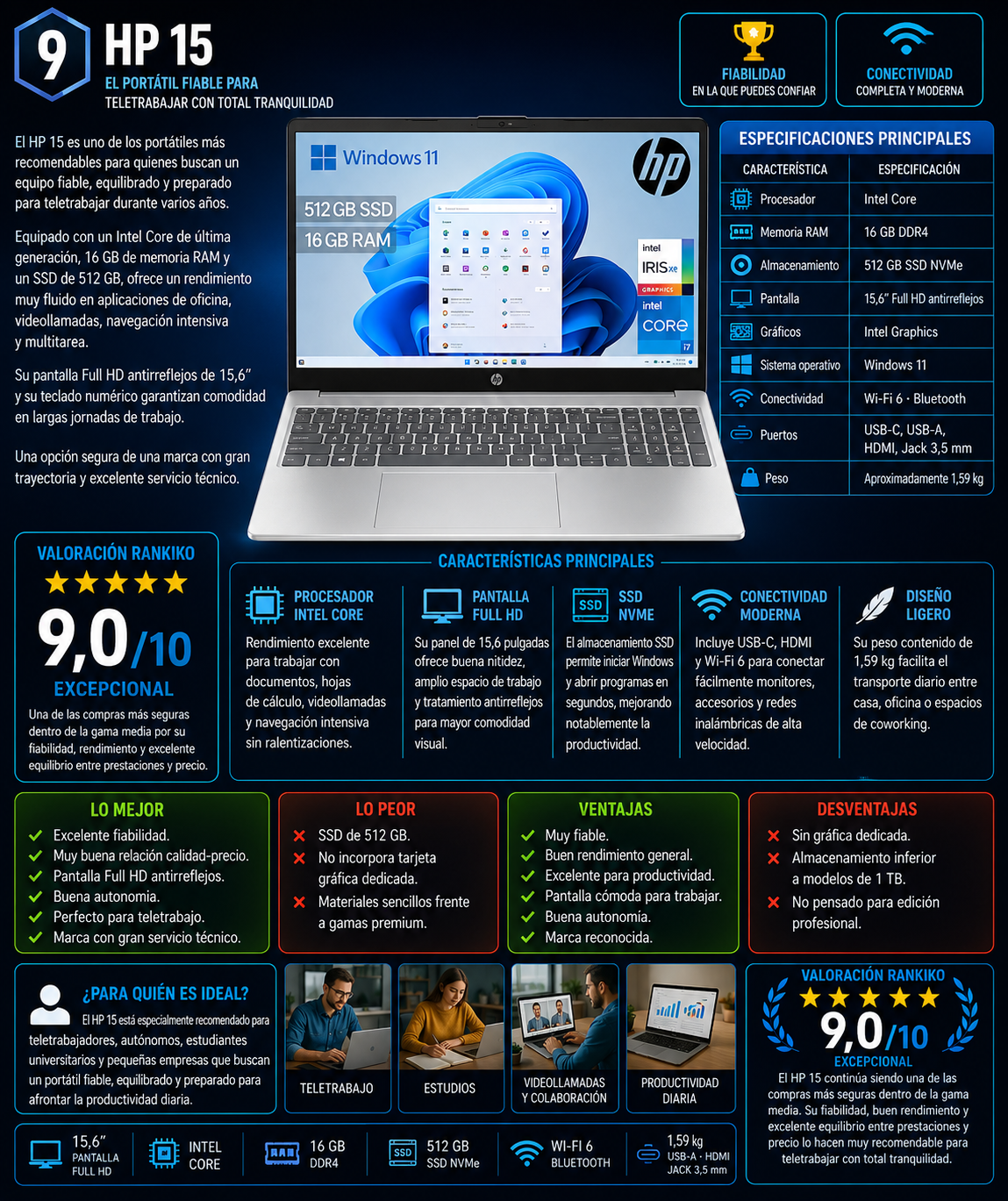 HP 15 para teletrabajo con Intel Core, 16 GB RAM y SSD de 512 GB - Análisis Rankiko 2026