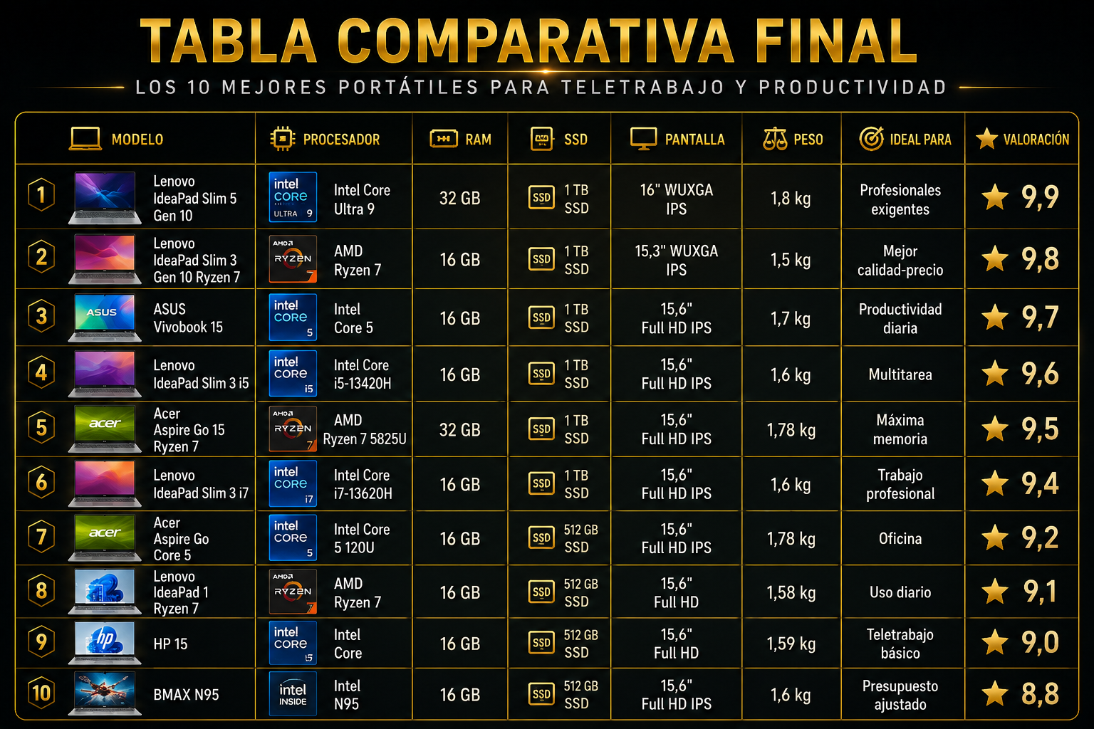 Tabla comparativa final de los mejores portátiles para teletrabajo 2026 con procesador, RAM, SSD, pantalla, peso y valoración Rankiko.