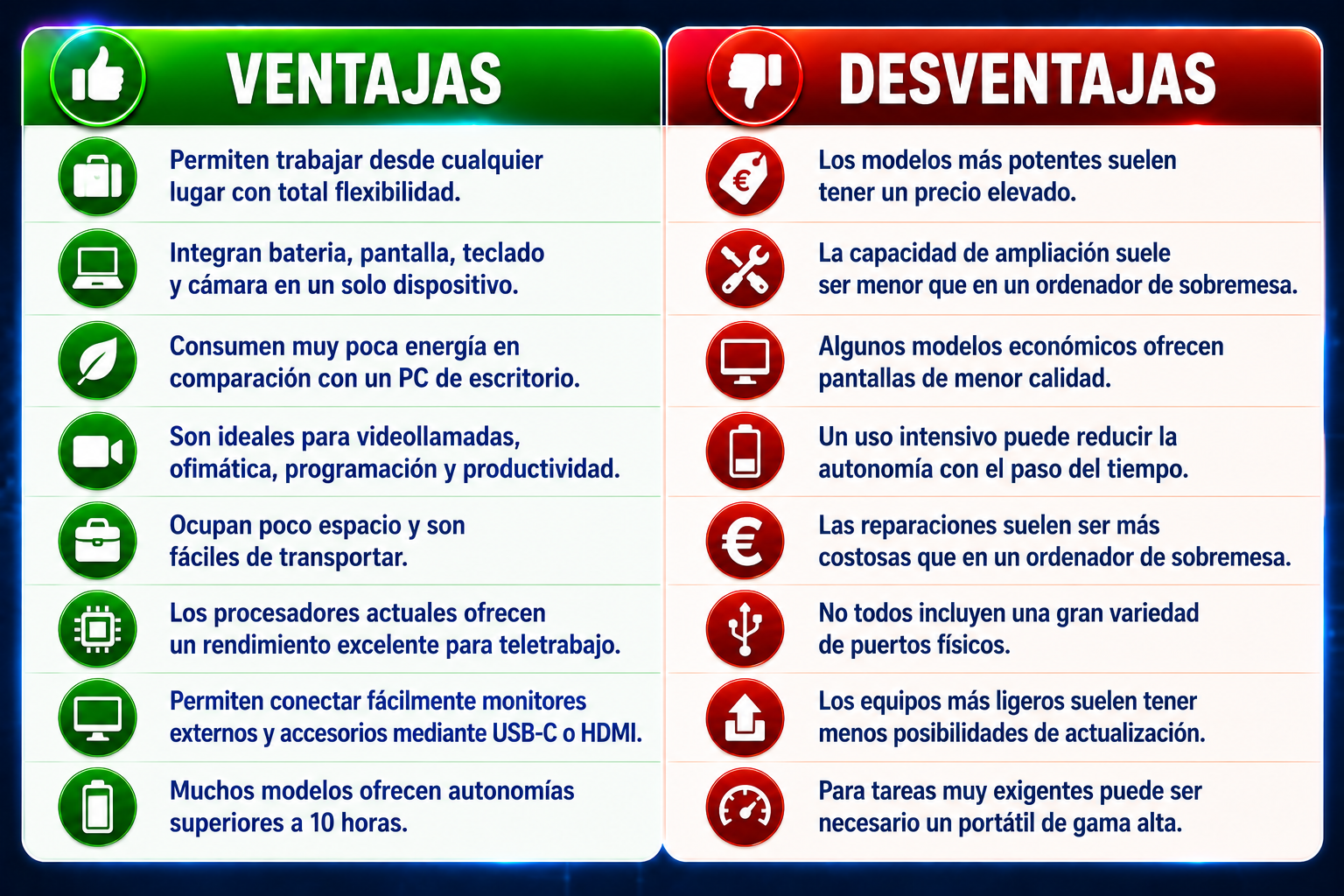 Ventajas y desventajas de los portátiles para teletrabajo comparadas en una infografía con los principales beneficios e inconvenientes para trabajar desde casa.