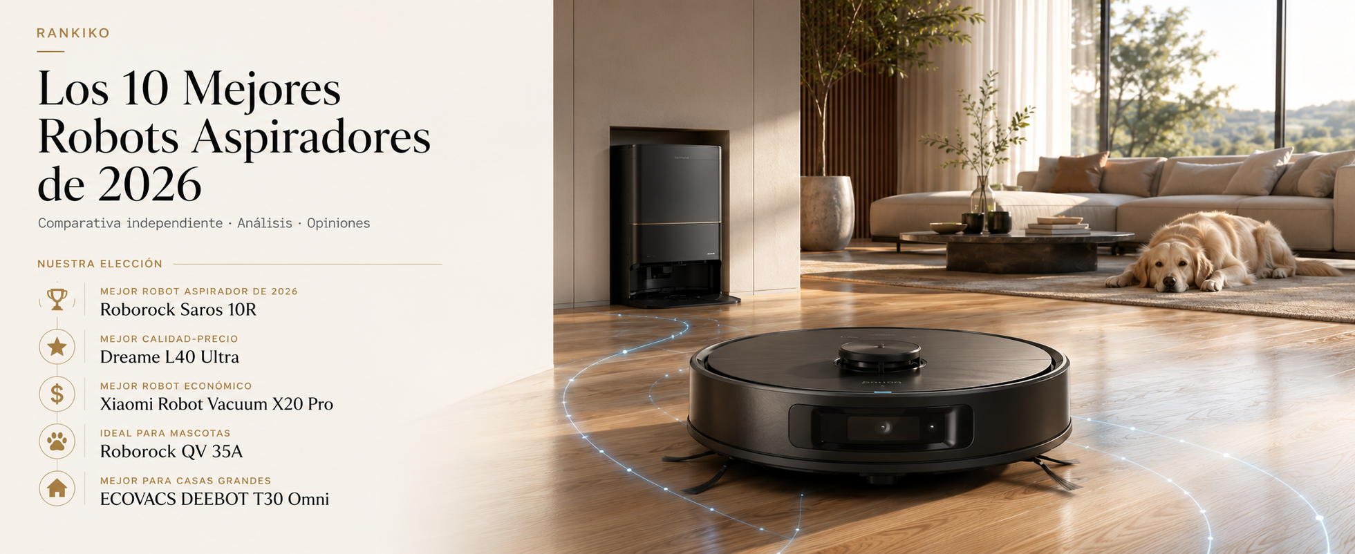 Los 10 mejores robots aspiradores de 2026 comparativa con Roborock Saros 10R, Dreame L40 Ultra, Xiaomi X20 Pro, Roborock QV 35A y ECOVACS DEEBOT T30 Omni