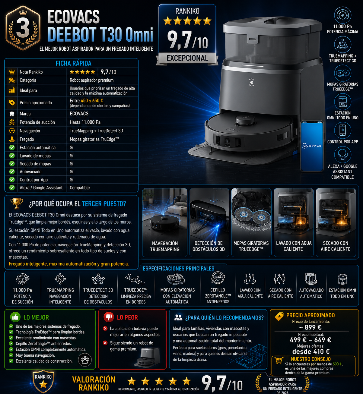 ECOVACS DEEBOT T30 Omni ficha rápida y análisis del mejor robot aspirador para fregado inteligente de 2026 según Rankiko