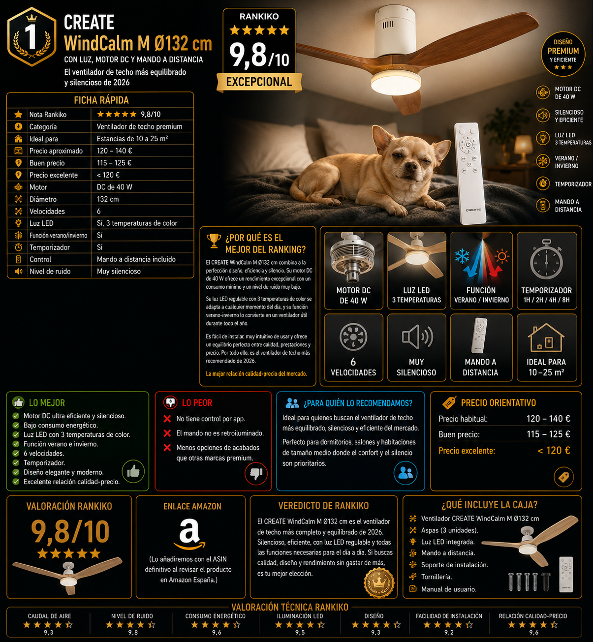 CREATE WindCalm M Ø132 cm con luz LED, motor DC y mando a distancia instalado en un salón moderno junto a un perro Chihuahua relajado.