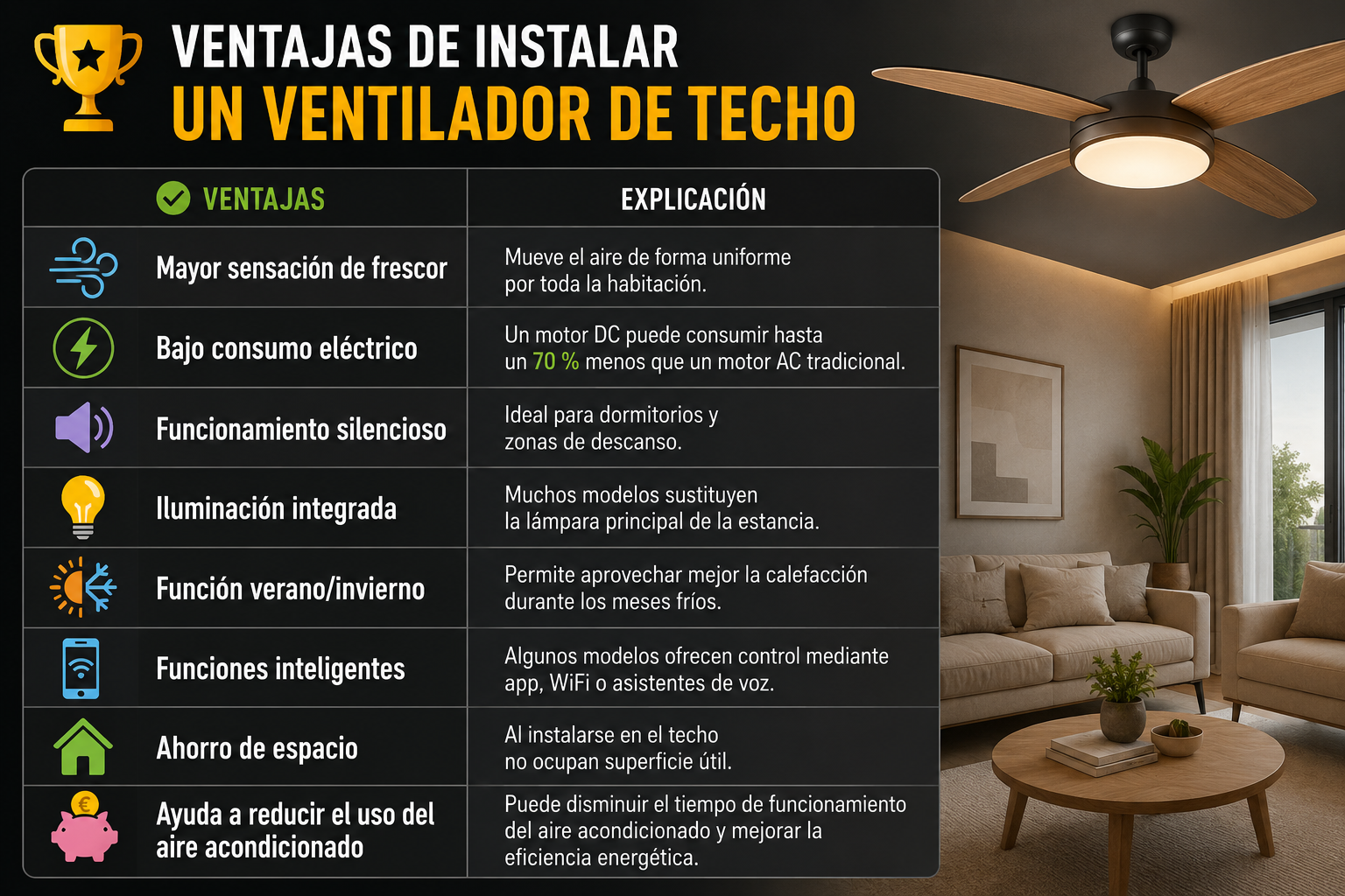 Infografía sobre las ventajas de instalar un ventilador de techo con motor DC, mostrando ahorro energético, funcionamiento silencioso, iluminación LED integrada y funciones inteligentes.