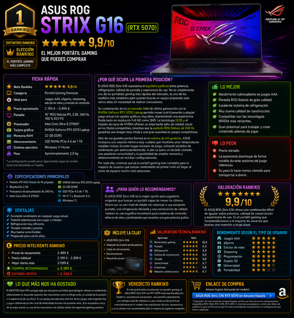 ASUS ROG Strix G16 RTX 5070, el mejor portátil gaming de 2026 según Rankiko con Intel Core Ultra 9, pantalla ROG Nebula 240 Hz y 32 GB de RAM.