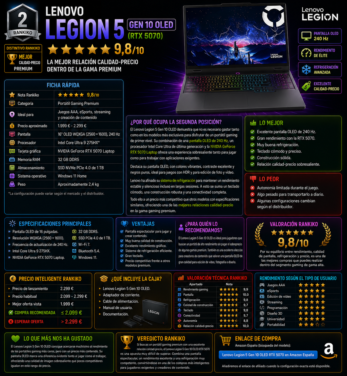 Lenovo Legion 5 Gen 10 OLED RTX 5070, uno de los mejores portátiles gaming por calidad-precio