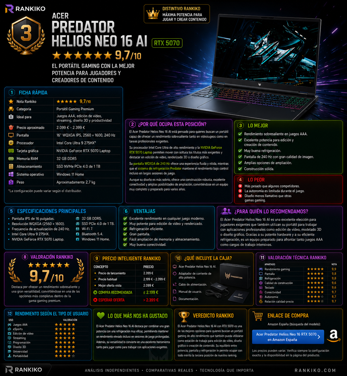 Acer Predator Helios Neo 16 AI RTX 5070 abierto mostrando su pantalla gaming
