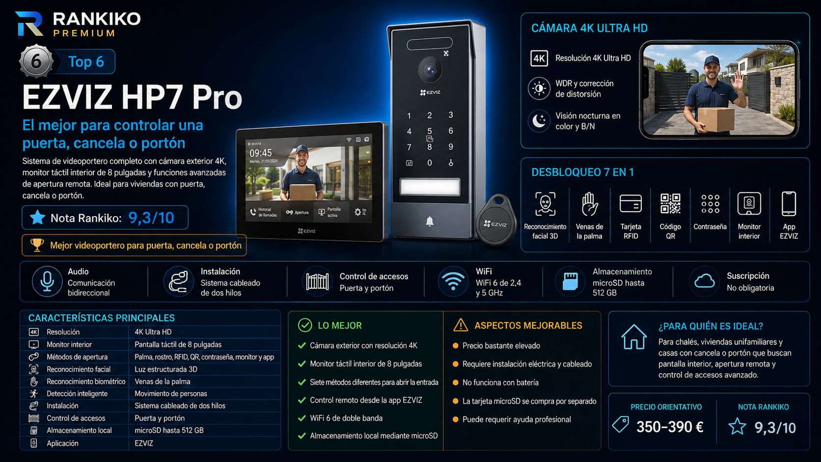 Infografía del EZVIZ HP7 Pro, elegido como mejor videoportero inteligente para controlar una puerta, cancela o portón por su cámara 4K, monitor táctil de 8 pulgadas y desbloqueo 7 en 1.