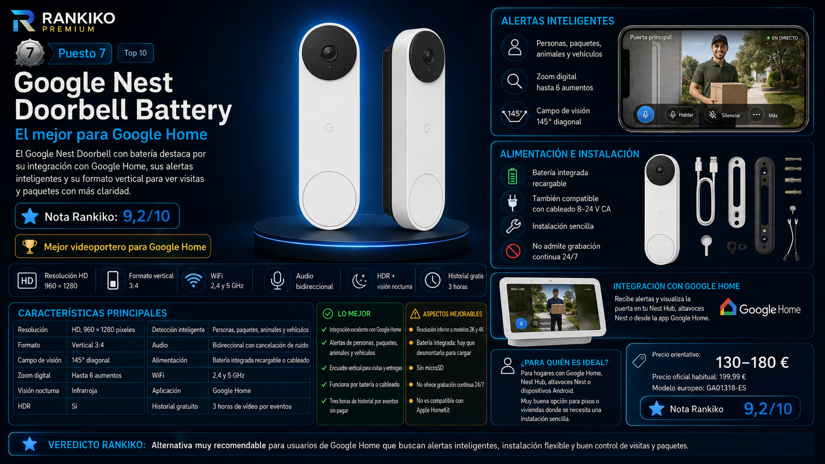Infografía del Google Nest Doorbell Battery, elegido como mejor videoportero inteligente para Google Home por sus alertas inteligentes, formato vertical, batería integrada y compatibilidad con la app Google Home.