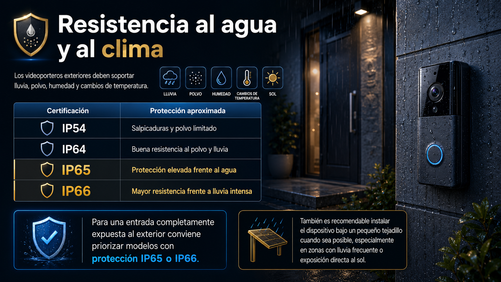 Infografía sobre la resistencia al agua y al clima en videoporteros inteligentes, comparando certificaciones IP54, IP64, IP65 e IP66 para lluvia, polvo y exposición exterior.