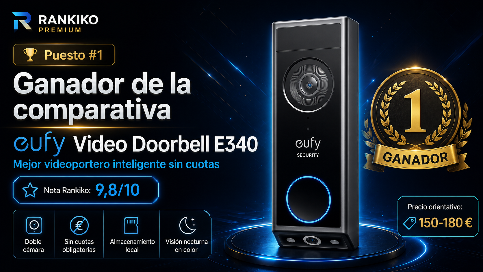 Imagen destacada del eufy Video Doorbell E340 como ganador de la comparativa de videoporteros inteligentes 2026, con nota Rankiko 9,8/10, doble cámara y almacenamiento local sin cuotas.