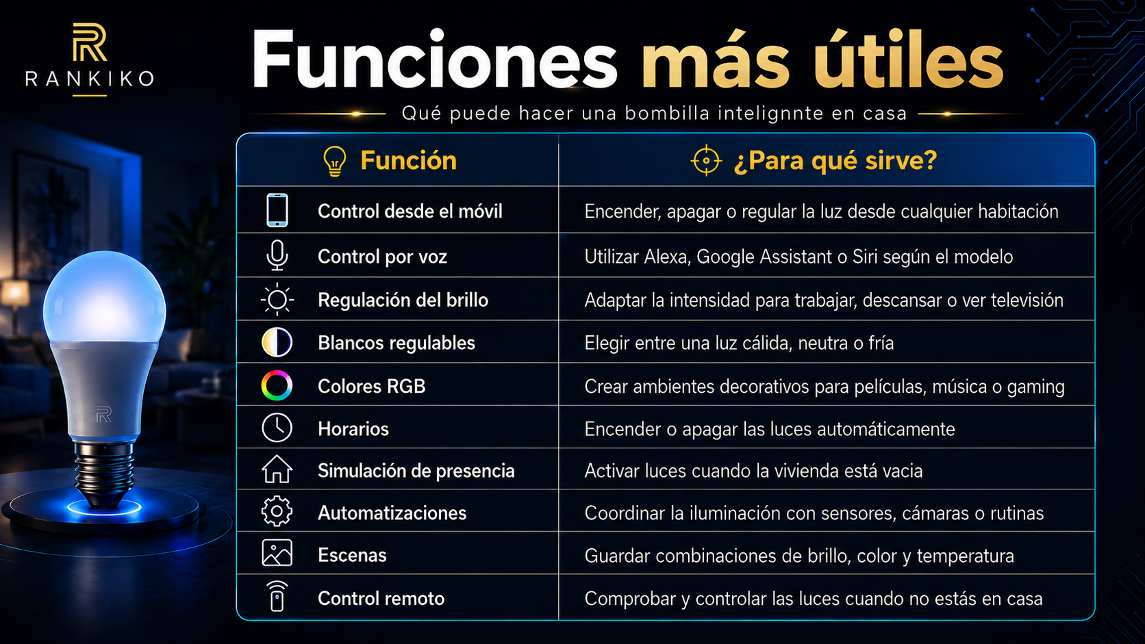 Infografía de Rankiko sobre las funciones más útiles de las bombillas inteligentes, como control desde el móvil, control por voz, regulación del brillo, colores RGB, escenas y automatizaciones.