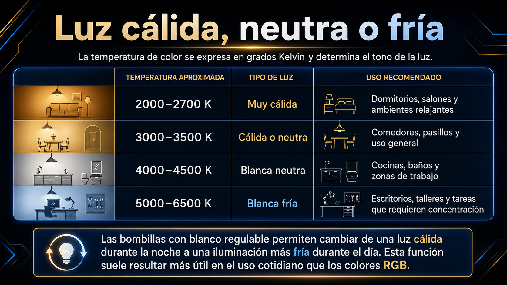 Tabla comparativa de luz cálida, neutra y fría según la temperatura de color en Kelvin y el uso recomendado para cada estancia.