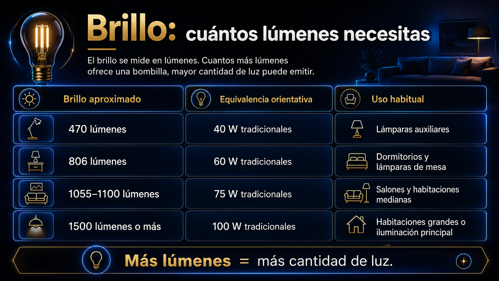 Tabla comparativa de lúmenes, equivalencia con bombillas tradicionales y usos recomendados para lámparas, dormitorios, salones y habitaciones grandes.