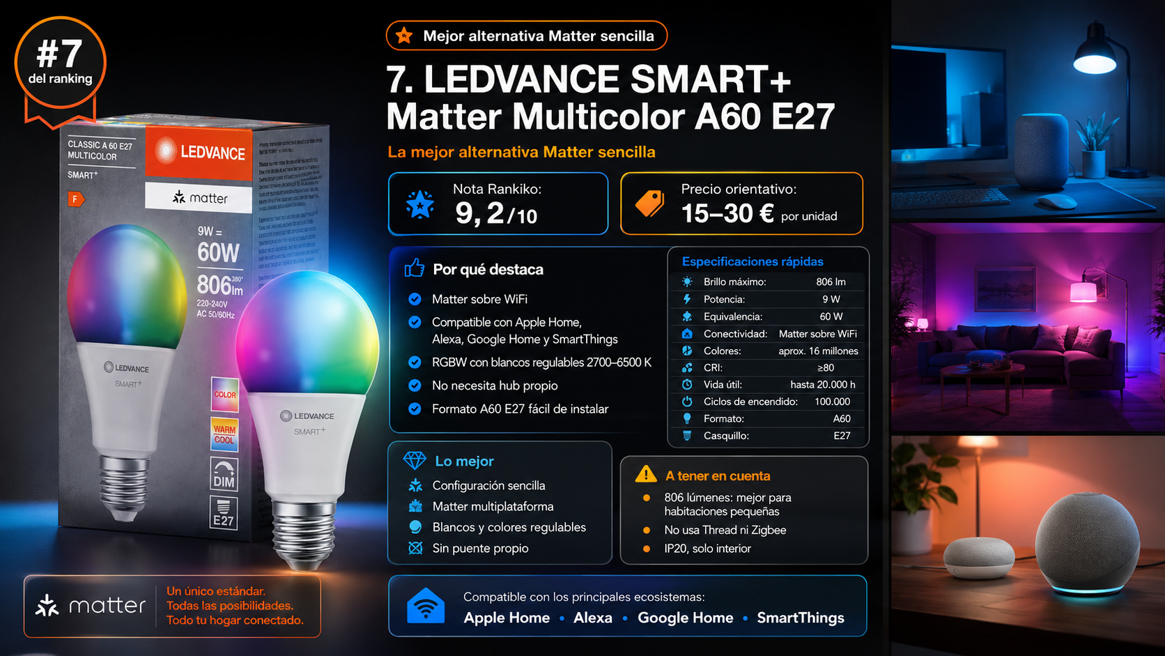 Análisis de la bombilla LEDVANCE SMART+ Matter Multicolor A60 E27 con 806 lúmenes, Matter sobre WiFi, colores regulables y nota Rankiko de 9,2 sobre 10.