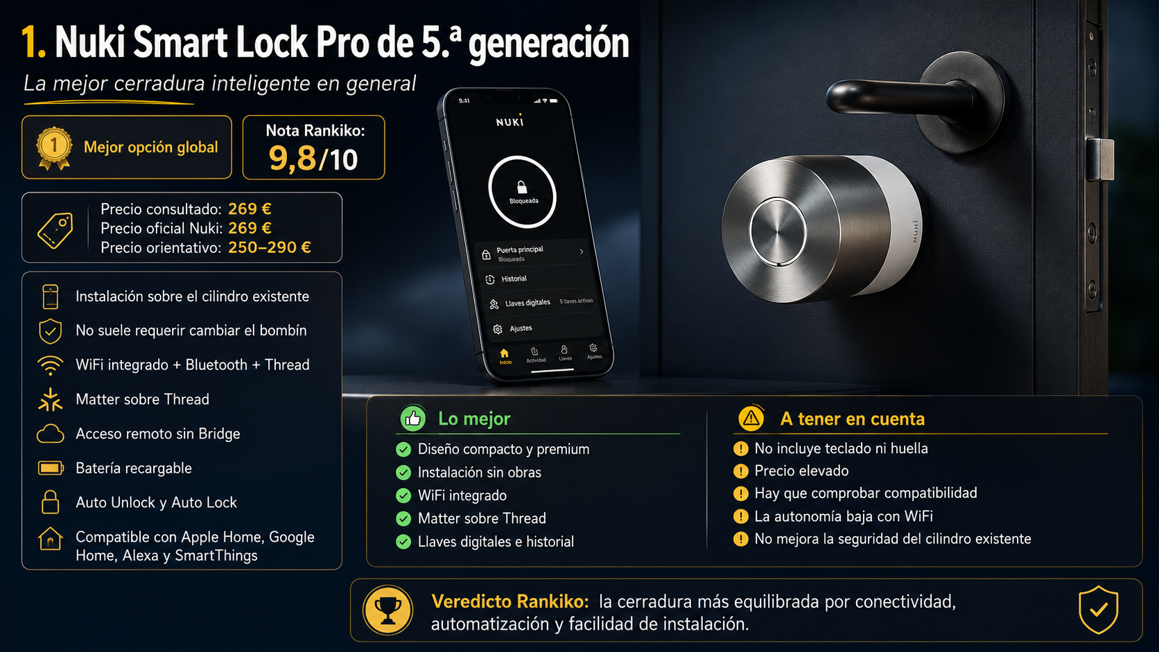 Análisis de la Nuki Smart Lock Pro de 5.ª generación con WiFi, Bluetooth, Matter sobre Thread, batería recargable y nota Rankiko de 9,8 sobre 10.