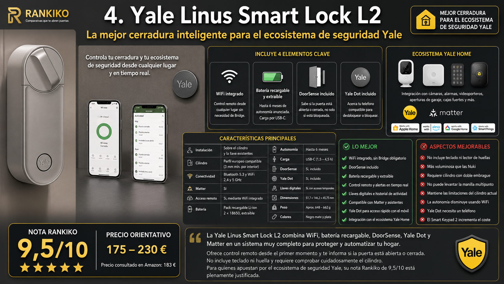 Análisis de la Yale Linus Smart Lock L2 con WiFi integrado, batería recargable, DoorSense, Yale Dot, Matter y nota Rankiko de 9,5 sobre 10.