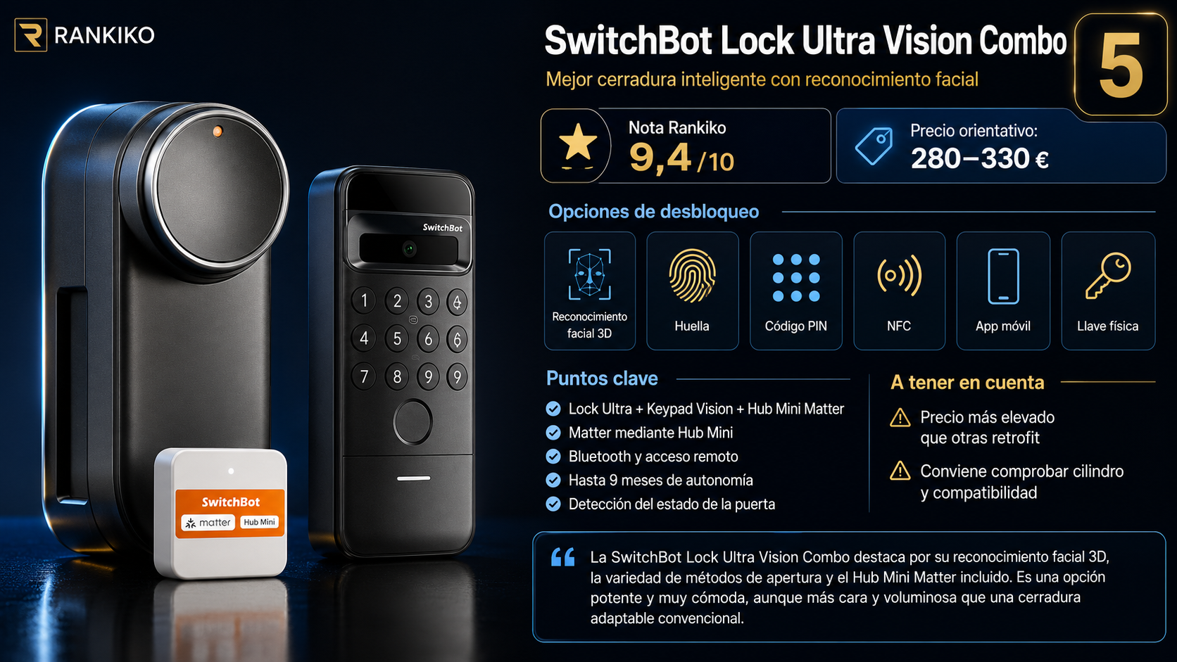 SwitchBot Lock Ultra Vision Combo con reconocimiento facial 3D, huella, código PIN, NFC, Hub Mini Matter y nota Rankiko de 9,4 sobre 10.
