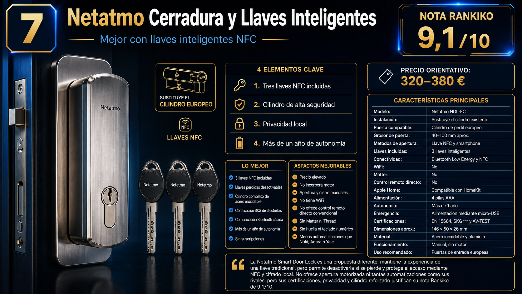 Netatmo NDL-EC con tres llaves inteligentes NFC, cilindro europeo de alta seguridad, nota Rankiko de 9,1/10 y precio orientativo de 320 a 380 €.