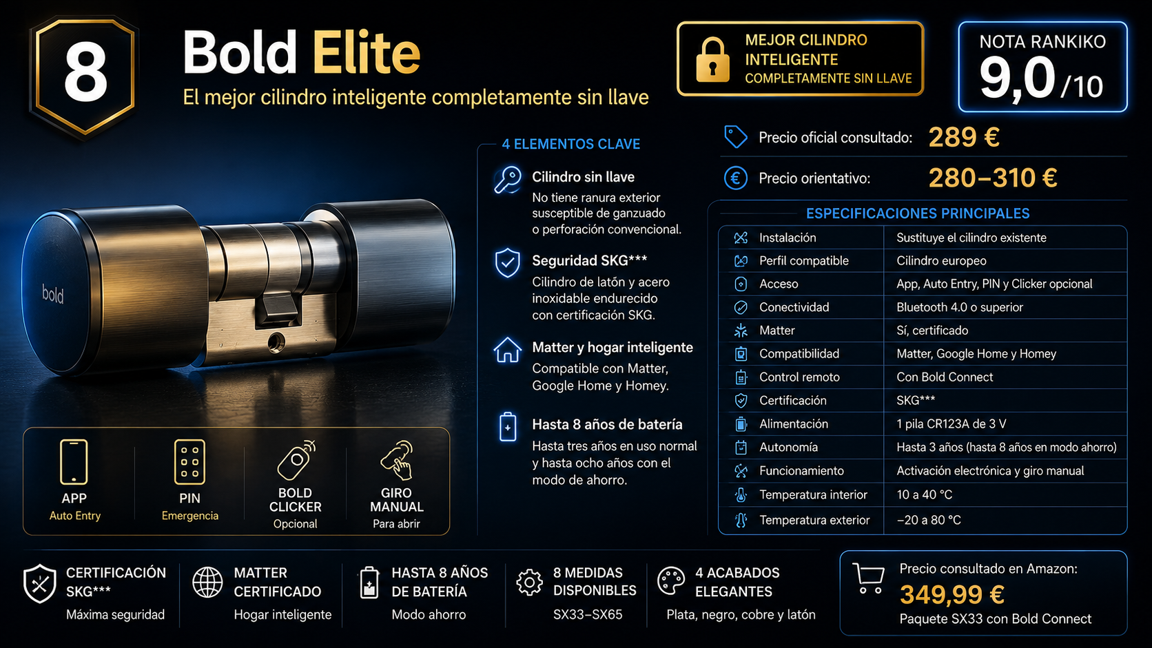 Bold Elite, octavo del ranking, cilindro inteligente completamente sin llave con certificación SKG***, Matter y nota Rankiko de 9,0/10.