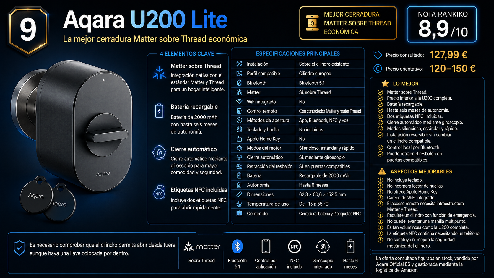 Aqara U200 Lite, novena del ranking, con Matter sobre Thread, batería recargable, etiquetas NFC y nota Rankiko de 8,9/10.