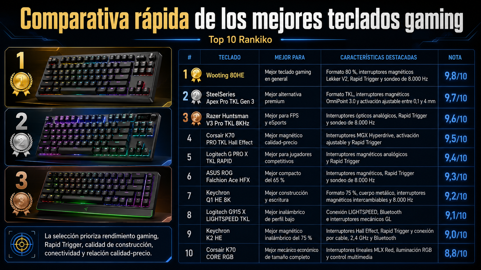 Comparativa de los diez mejores teclados gaming, encabezada por Wooting 80HE, SteelSeries Apex Pro TKL Gen 3 y Razer Huntsman V3 Pro TKL 8KHz.