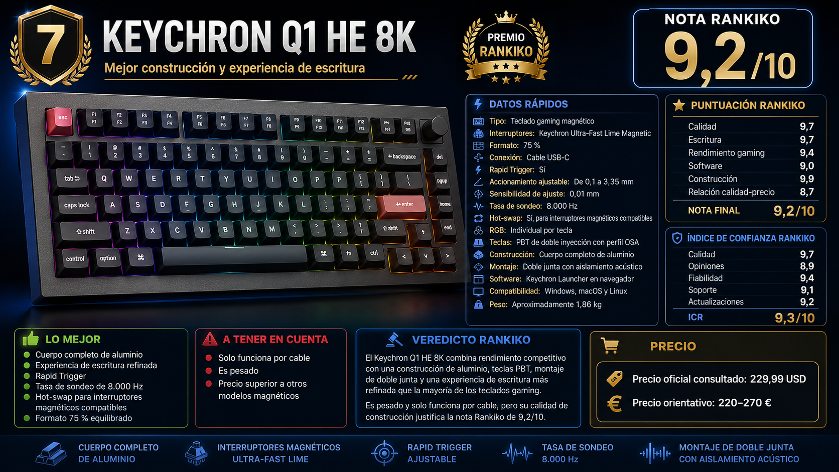 Keychron Q1 HE 8K, séptimo mejor teclado gaming y mejor opción por construcción y escritura, con nota Rankiko de 9,2 sobre 10