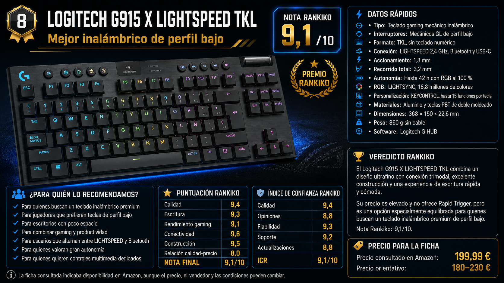 Logitech G915 X LIGHTSPEED TKL, octavo del ranking, teclado gaming inalámbrico de perfil bajo con nota Rankiko de 9,1/10.