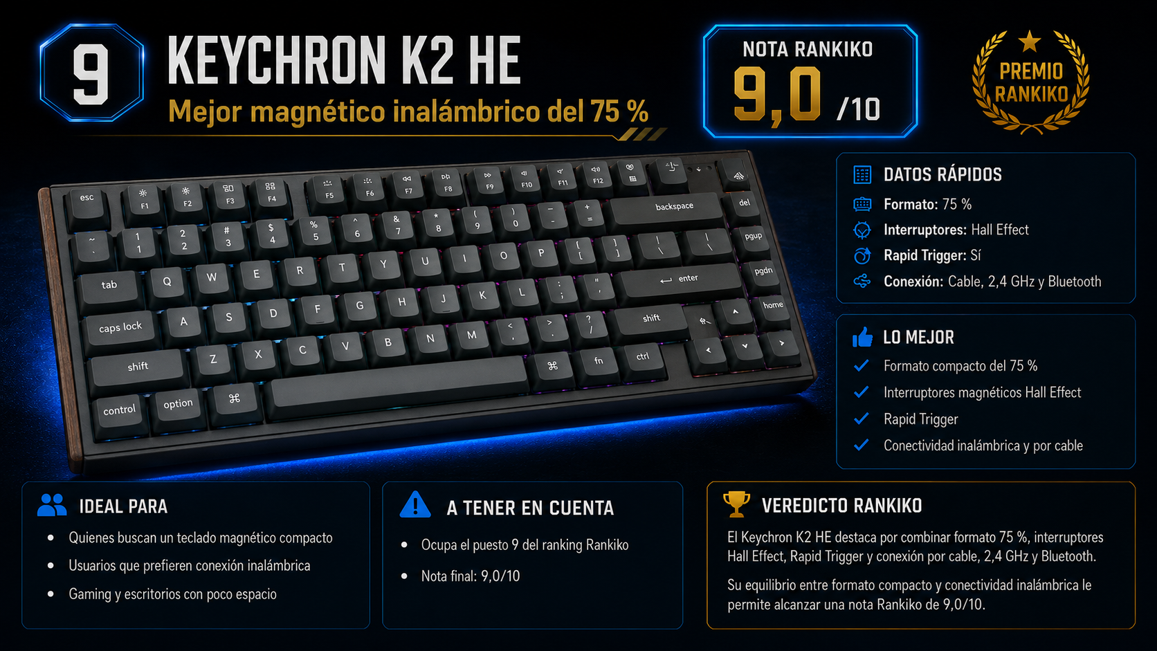 Keychron K2 HE, noveno del ranking, teclado magnético inalámbrico del 75 % con Rapid Trigger y nota Rankiko de 9,0/10.