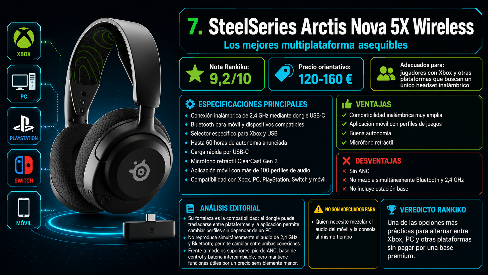 SteelSeries Arctis Nova 5X Wireless con dongle USB-C y compatibilidad con Xbox, PC, PlayStation, Switch y móvil