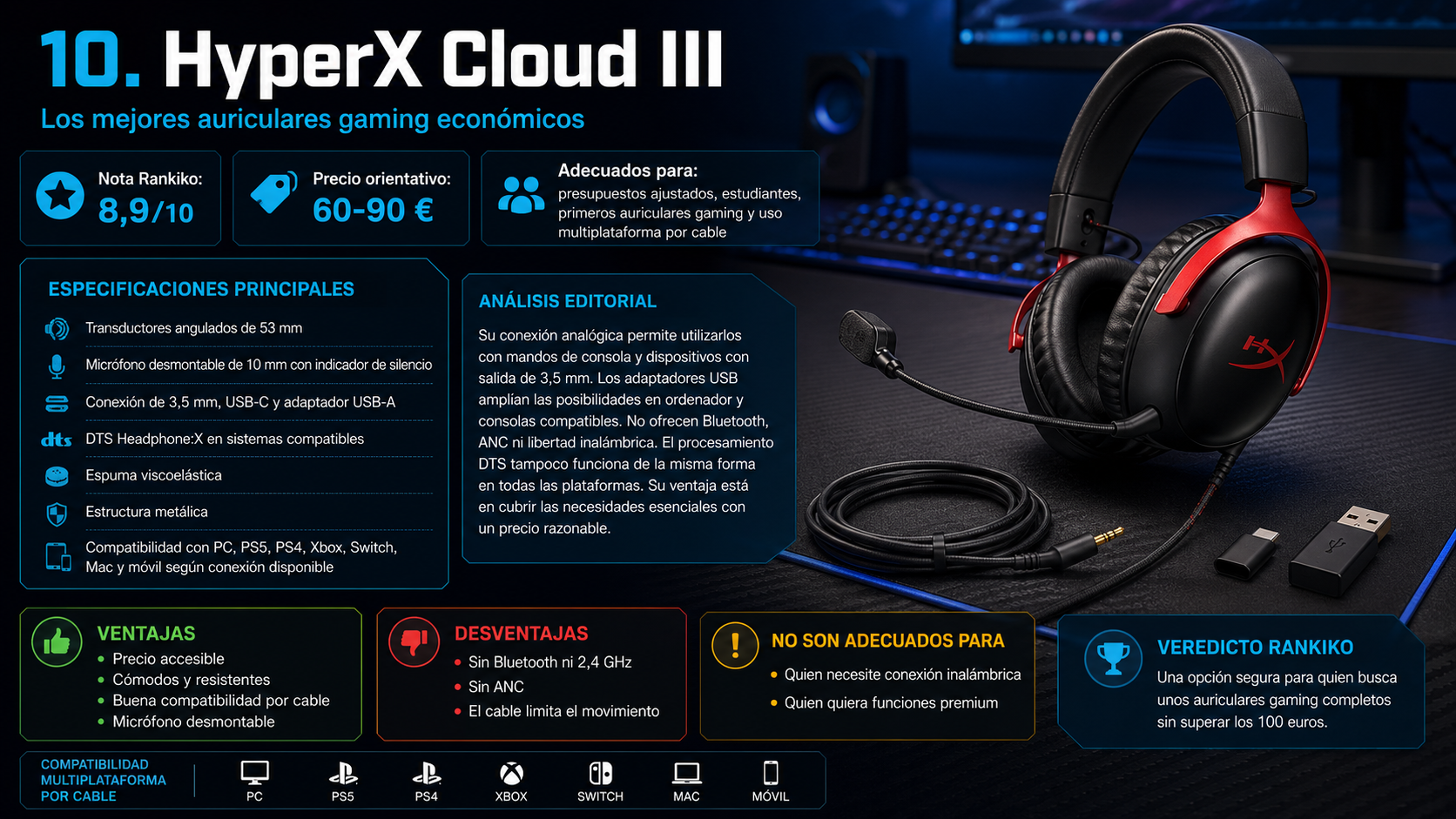 HyperX Cloud III con cable, micrófono desmontable y adaptadores USB