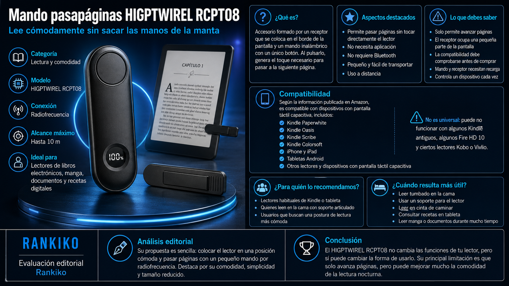 Infografía del mando pasapáginas HIGPTWIREL RCPT08 con conexión por radiofrecuencia, alcance de 10 metros y compatibilidad con Kindle, móviles y tabletas.