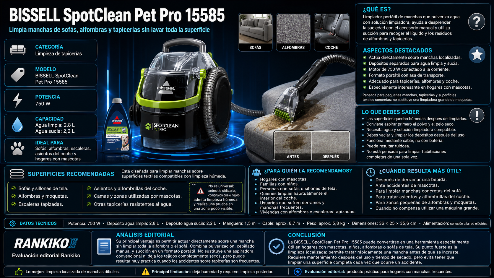 BISSELL SpotClean Pet Pro 15585 para limpiar manchas en sofás alfombras y tapicerías