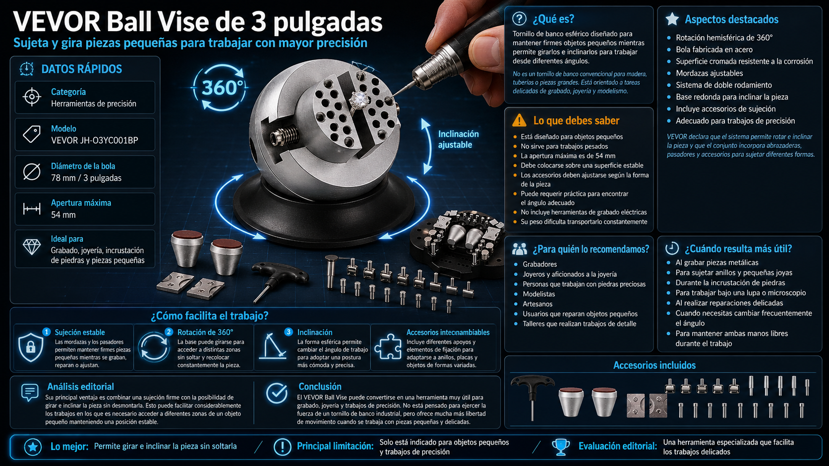 Tornillo de banco esférico VEVOR de 3 pulgadas con accesorios para grabado y joyería
