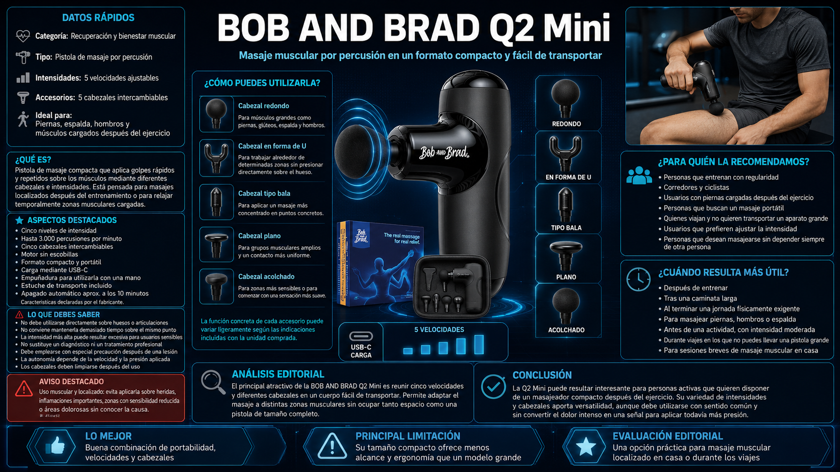 BOB AND BRAD Q2 Mini con cinco cabezales para masaje muscular por percusión