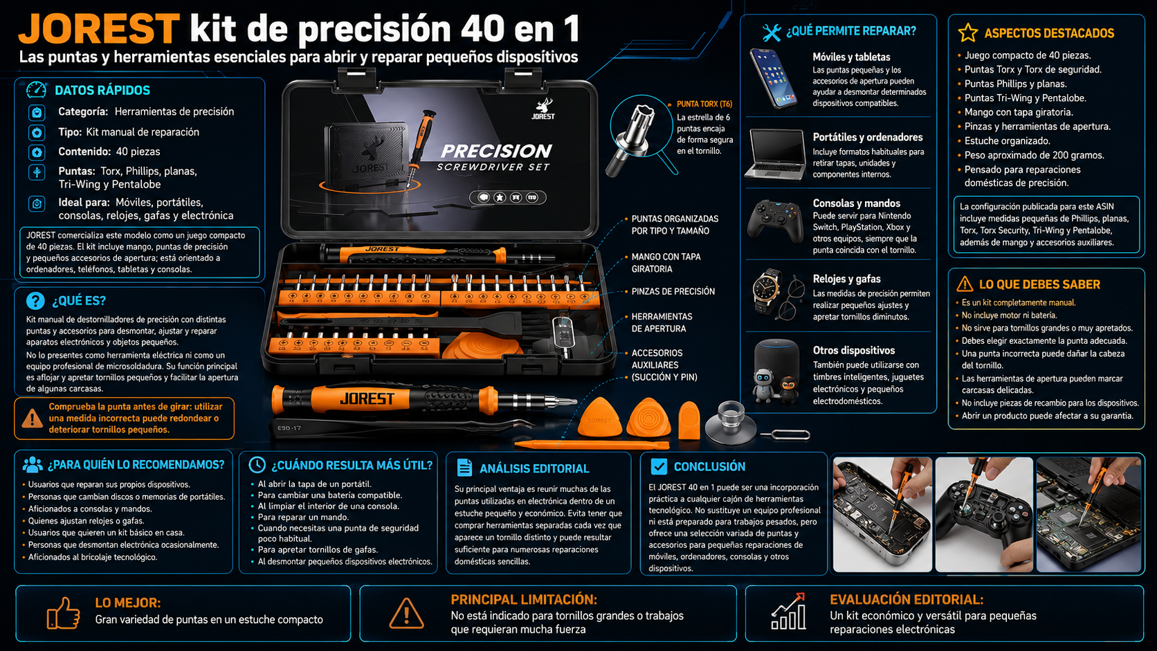 Kit JOREST 40 en 1 con destornillador manual, puntas Torx y herramientas para reparar electrónica