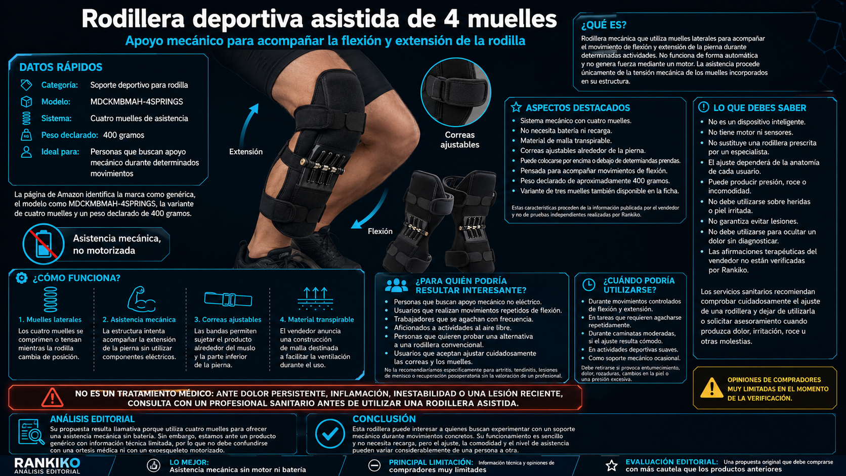 Rodillera deportiva asistida con cuatro muelles laterales y correas ajustables