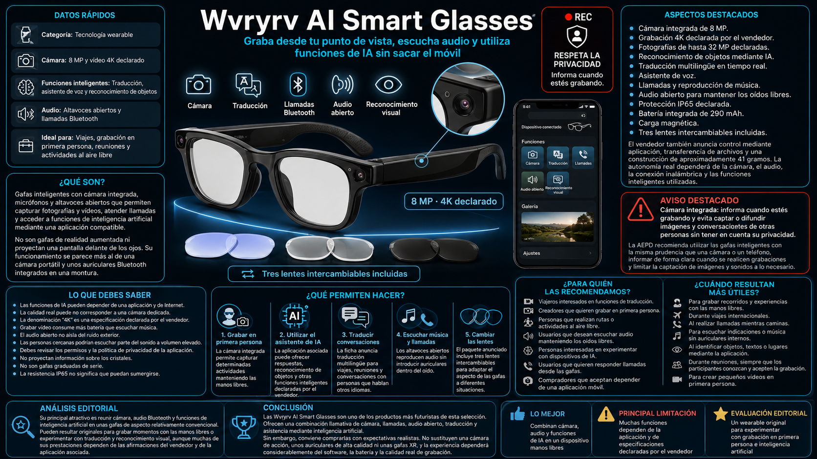 Gafas inteligentes Wvryrv con cámara de 8 MP, audio abierto y funciones de inteligencia artificial