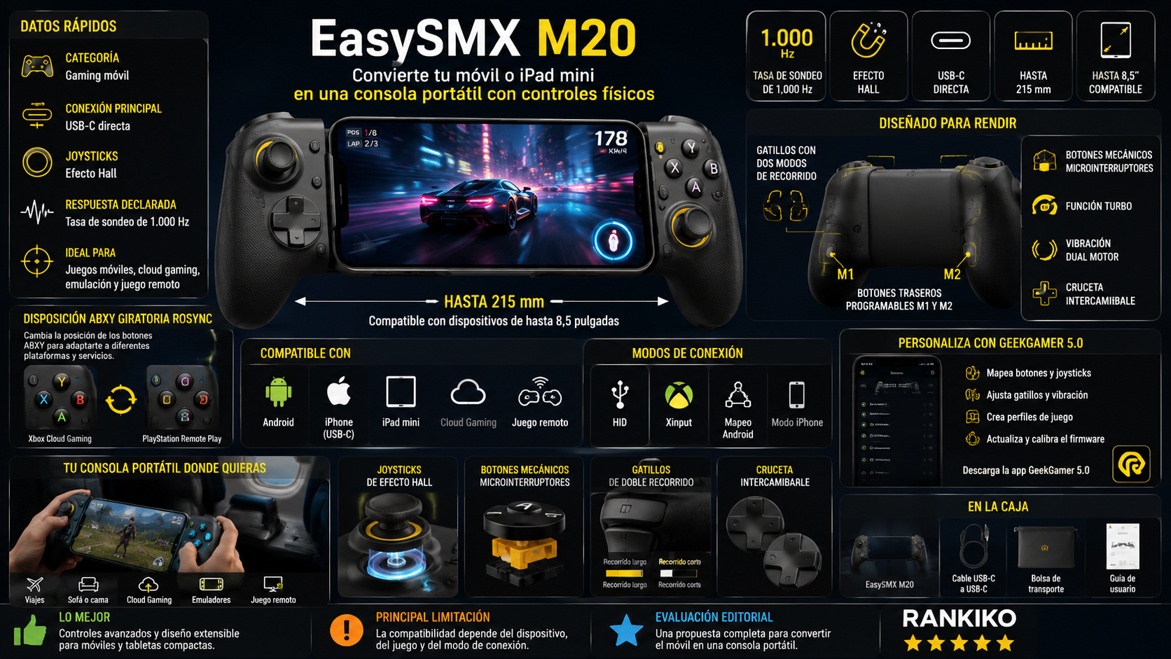 EasySMX M20 conectado a un móvil con joysticks Hall y controles físicos para gaming
