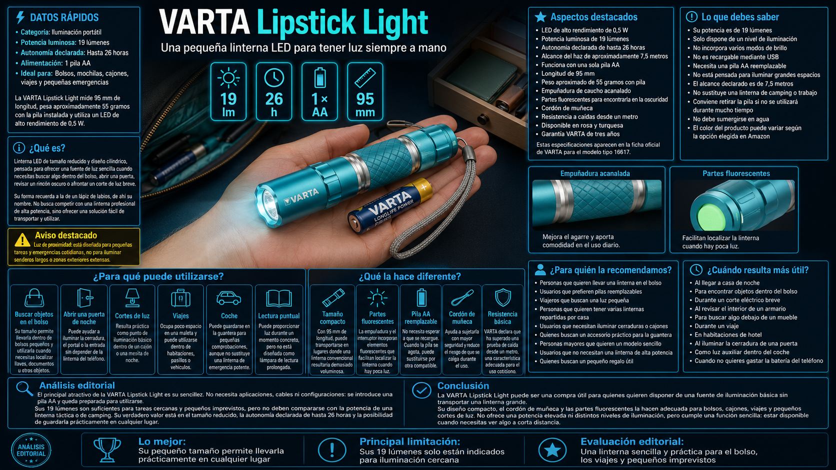VARTA Lipstick Light compacta de 19 lúmenes con pila AA y cordón de muñeca