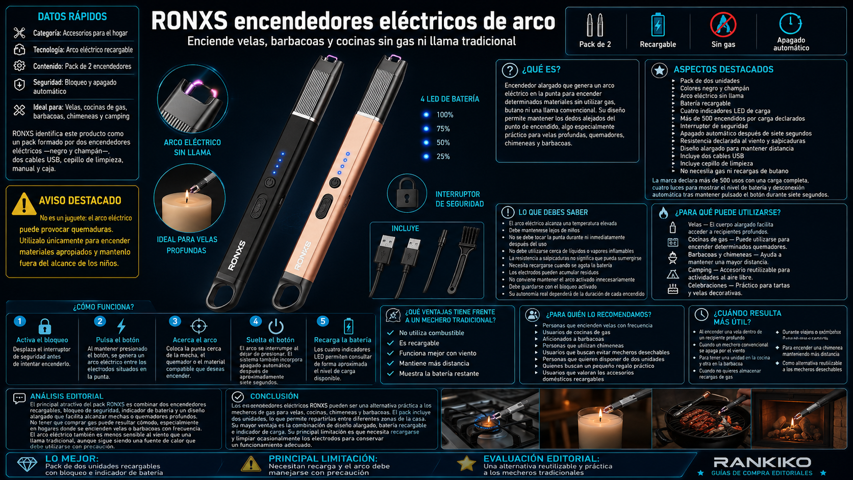 Pack de dos encendedores eléctricos RONXS recargables con arco, bloqueo e indicador de batería