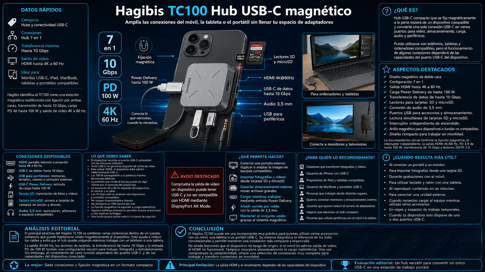 Hub USB-C magnético Hagibis TC100 7 en 1 con HDMI 4K, lectores de tarjetas y carga PD