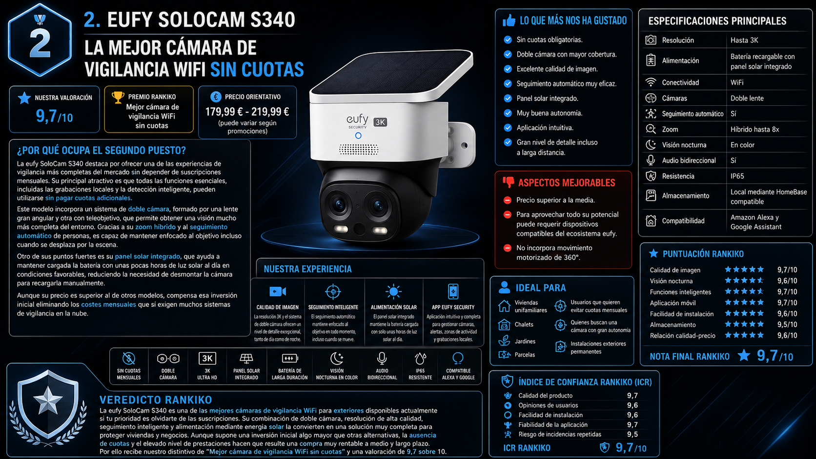 eufy SoloCam S340, mejor cámara de vigilancia WiFi sin cuotas de 2026 según el análisis de Rankiko