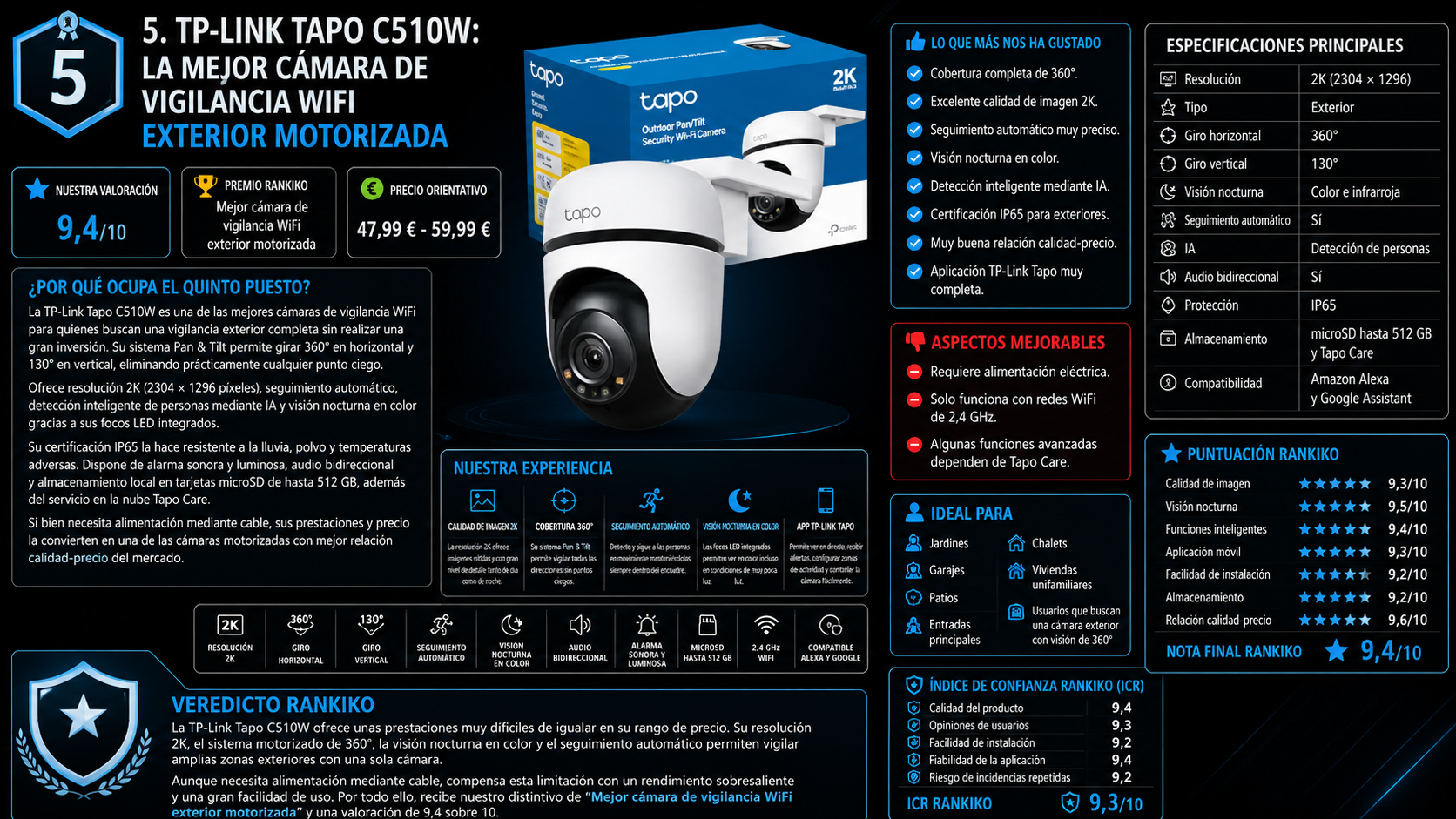 TP-Link Tapo C510W, mejor cámara de vigilancia WiFi exterior motorizada de 2026 según el análisis de Rankiko