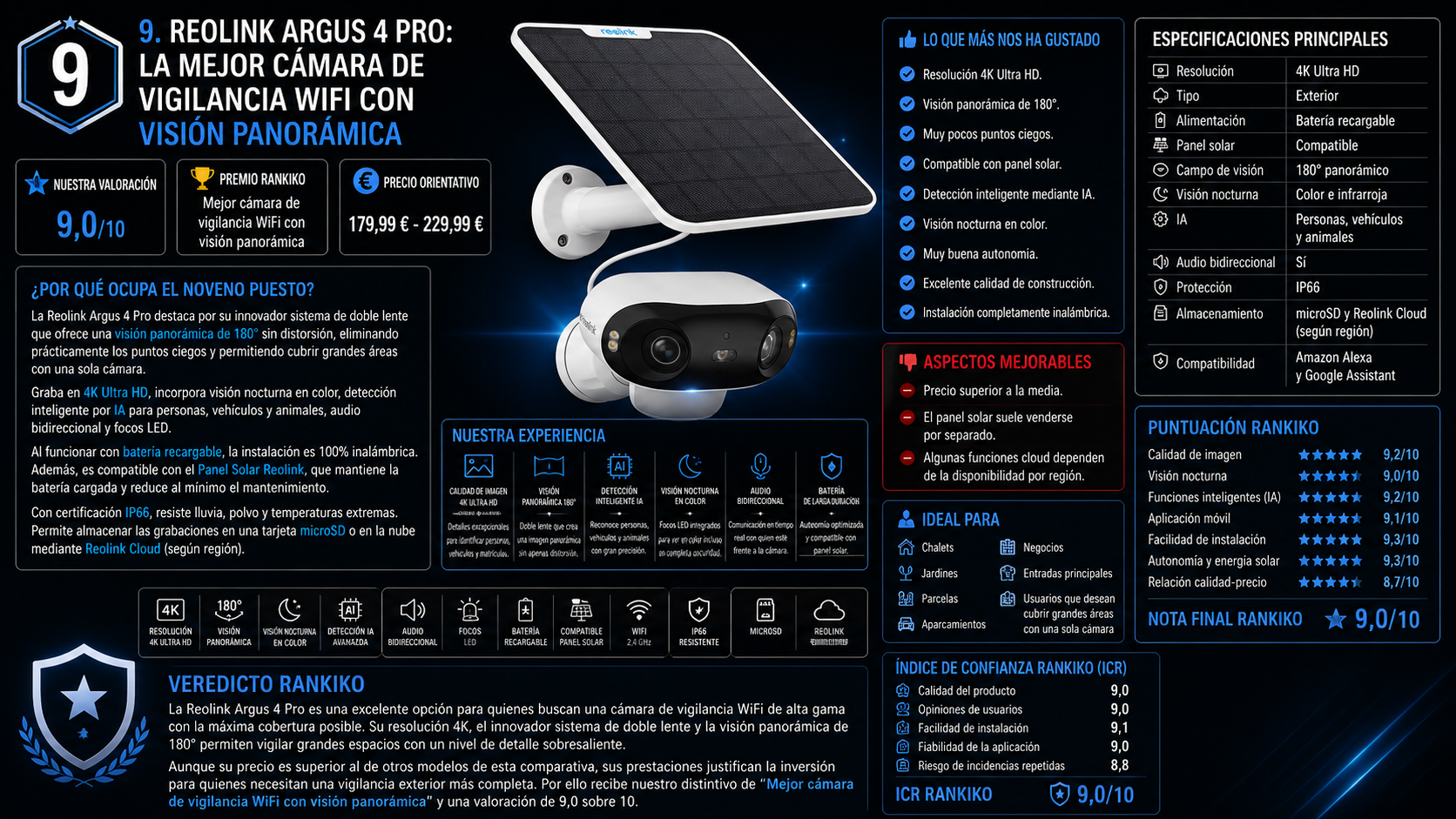 Reolink Argus 4 Pro, la mejor cámara de vigilancia WiFi con visión panorámica de 2026 según el análisis de Rankiko
