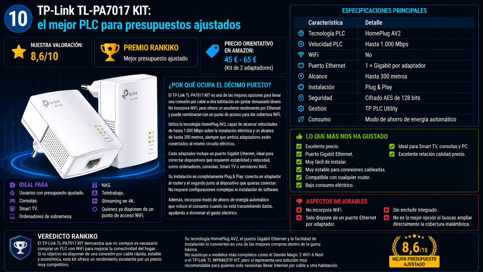 TP-Link TL-PA7017 KIT, mejor adaptador PLC para presupuestos ajustados de 2026 según Rankiko, con tecnología HomePlug AV2, puerto Gigabit Ethernet e instalación Plug & Play.