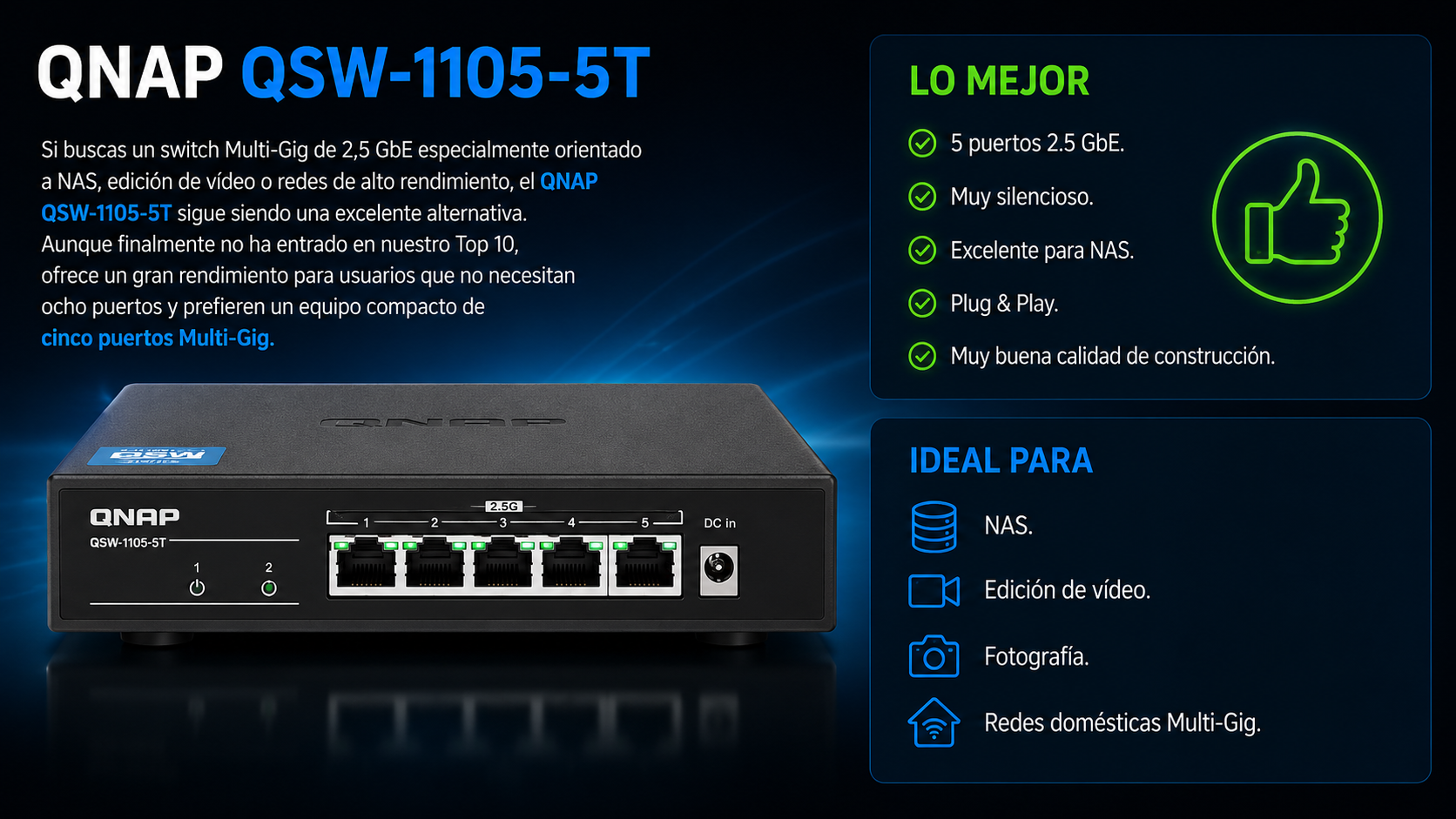 Infografía editorial del QNAP QSW-1105-5T con análisis completo, ventajas, especificaciones oficiales y recomendación para NAS, edición de vídeo, fotografía y redes Multi-Gig.
