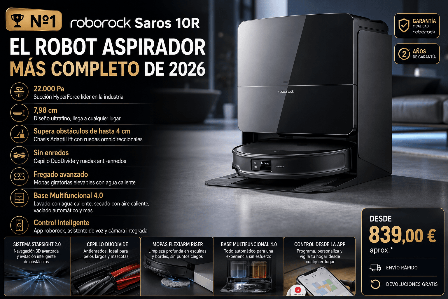 Roborock Saros 10R, el mejor robot aspirador y fregasuelos de 2026 según Rankiko