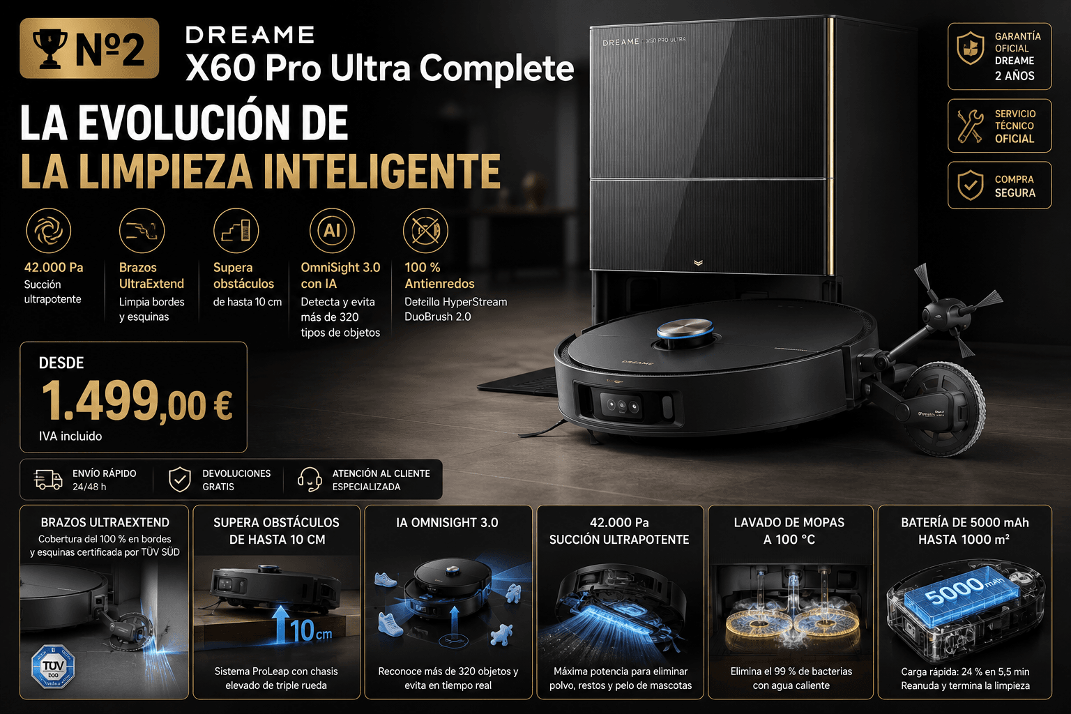 Dreame X60 Pro Ultra Complete, robot aspirador premium con brazos extensibles y base todo en uno