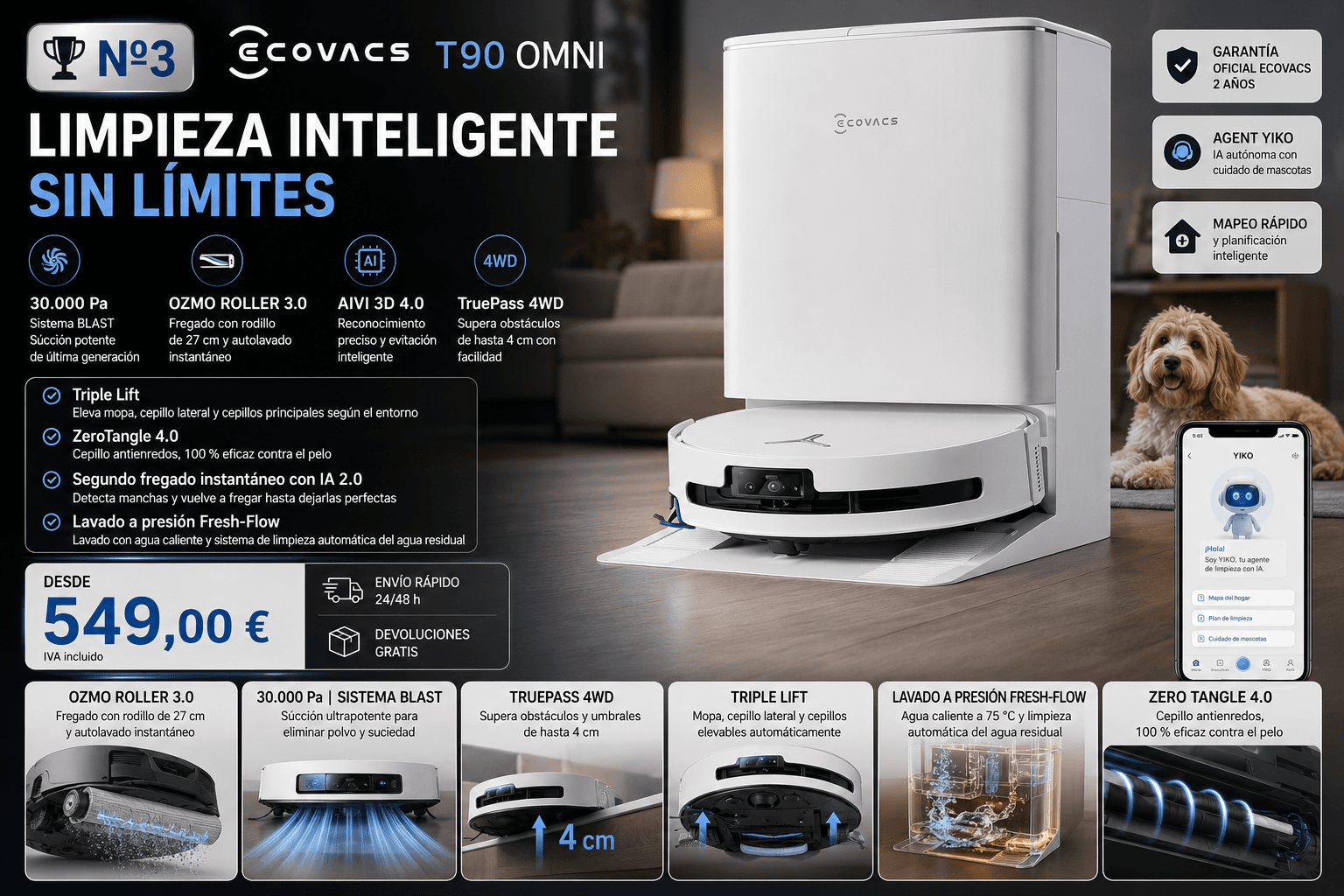 Ecovacs Deebot T90 Omni, robot aspirador con mopa de rodillo autolavable